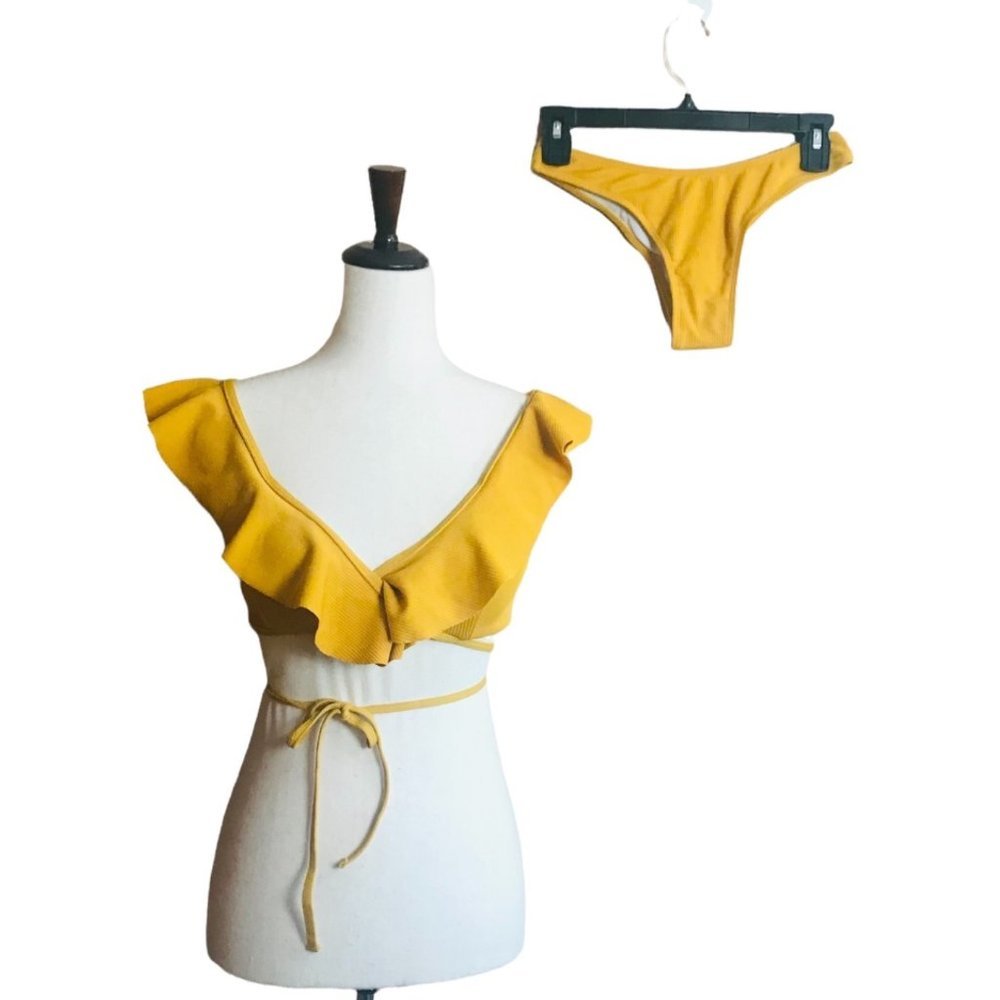 Women Small Yellow Ribbed Bikini Tie Around Top Cheeky Bottoms NWOT